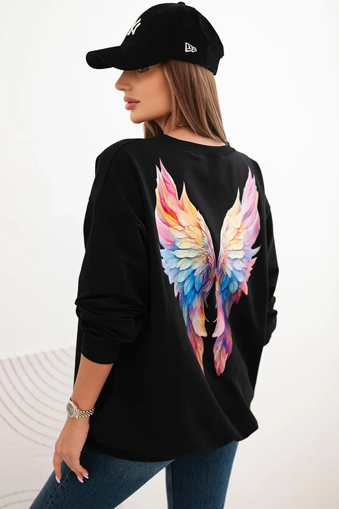 Polski Women's oversized cotton sweatshirt with colorful wings on the back black