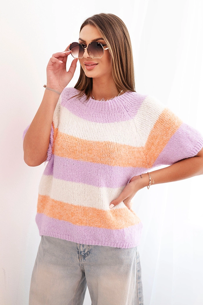 Kesi Włoski Women's striped short-sleeve sweater made of wool apricot + purple