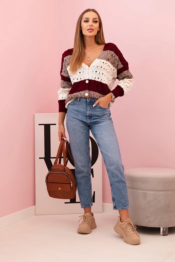Kesi Włoski Ladies' striped openwork sweater with a V-neck burgundy + light beige
