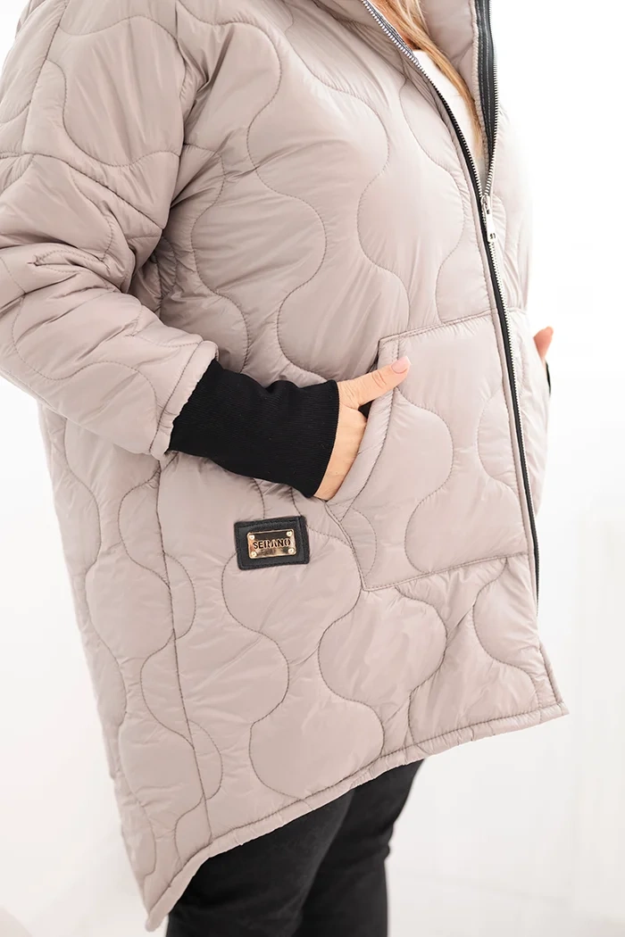 Kesi Włoski Plus Size women's quilted jacket with a hood dark beige
