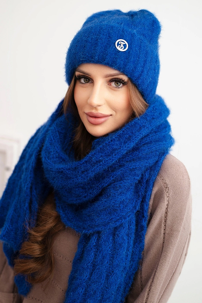 Kesi Women&#039;s set hat and scarf with ribbing and decoration cornflower blue