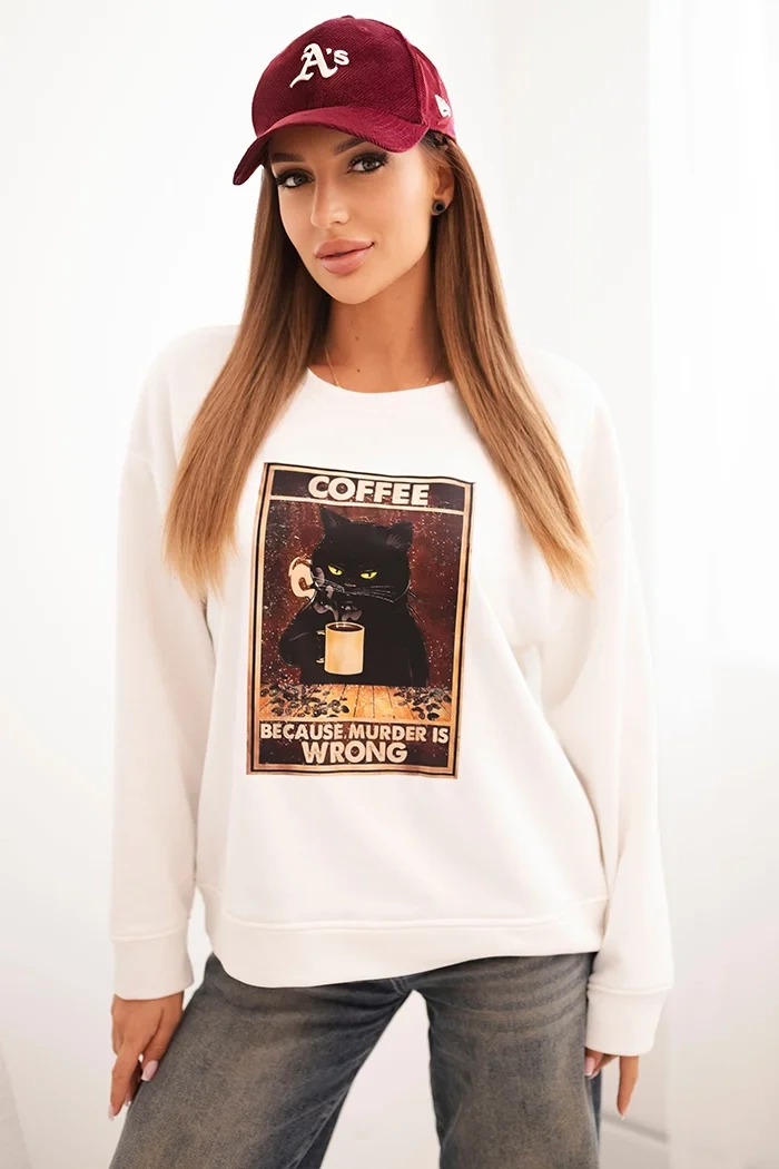 Kesi Włoski Women's cotton sweatshirt with a cat print and text ecru