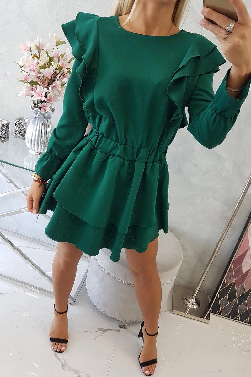 Kesi Dress with vertical flounces dark green