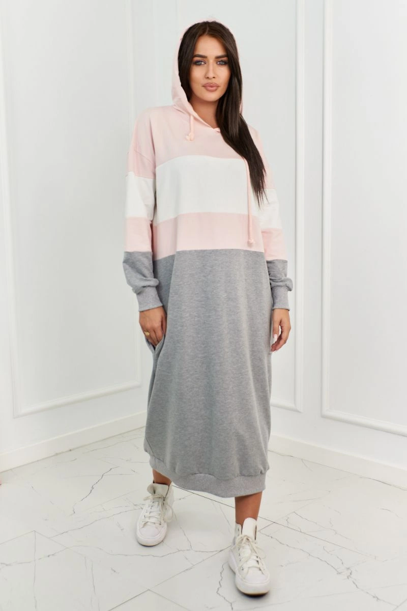 Three-color hooded dress powder pink + ecru + gray