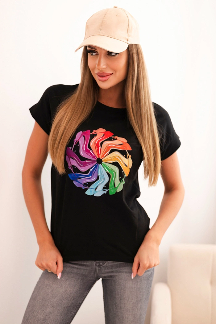 Kesi Women's cotton short-sleeve blouse with colorful print black