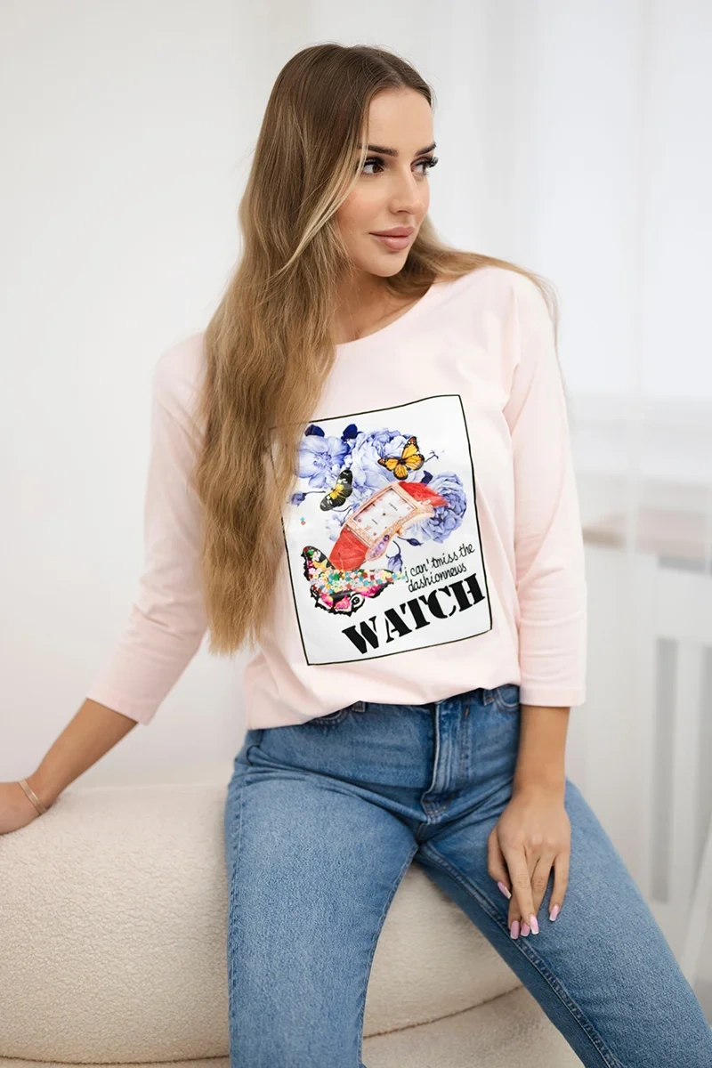 Blouse with graphics 3D Watch powder pink