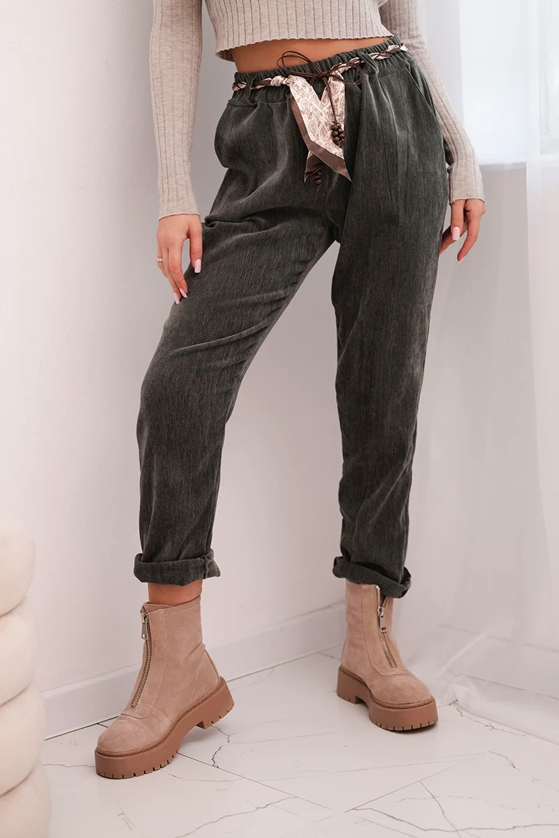 Kesi Włoski Women's viscose pants with a scarf belt khaki