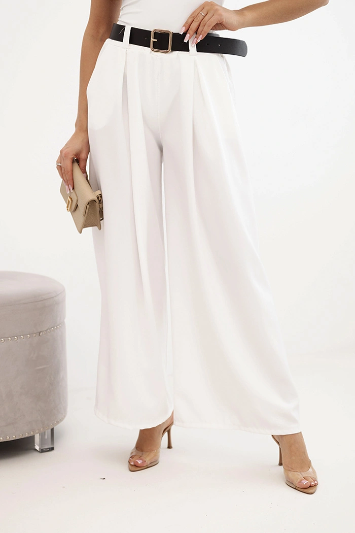 Kesi Włoski Women's pants with wide legs and a belt ecru