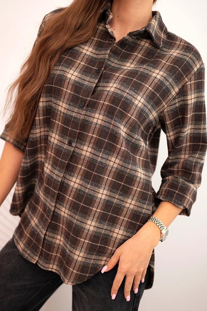 Kesi Włoski Women's cotton checkered shirt with a longer back brown + camel