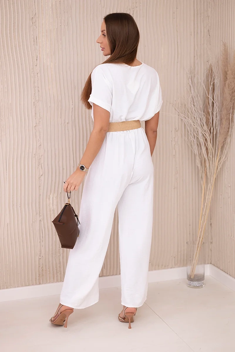 Jumpsuit with decorative belt at the waist white