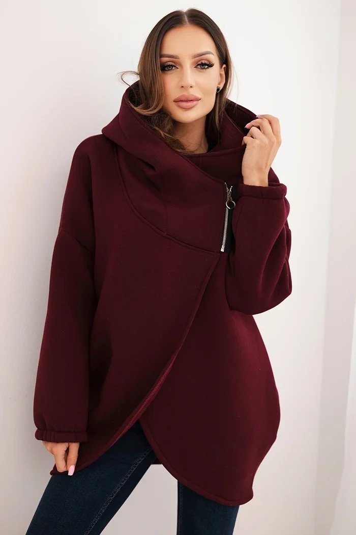 Kesi Włoski Women's insulated hoodie with an asymmetrical zipper burgundy