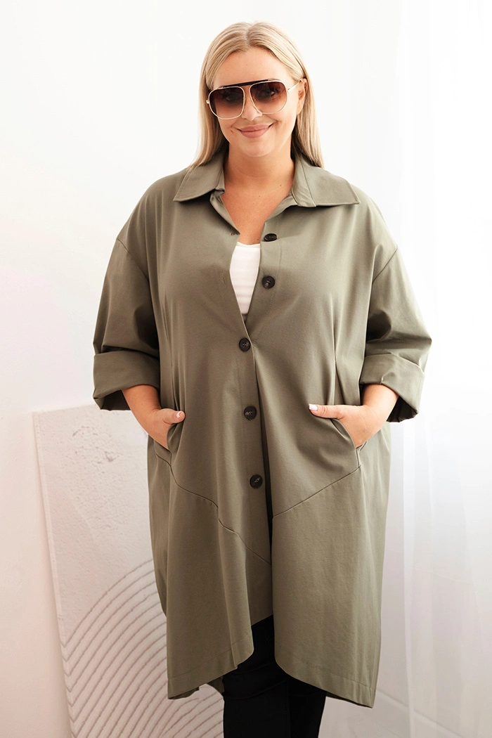 Kesi Włoski Dámska narzutka Plus Size Punto z bavlnou a gombíkmi khaki