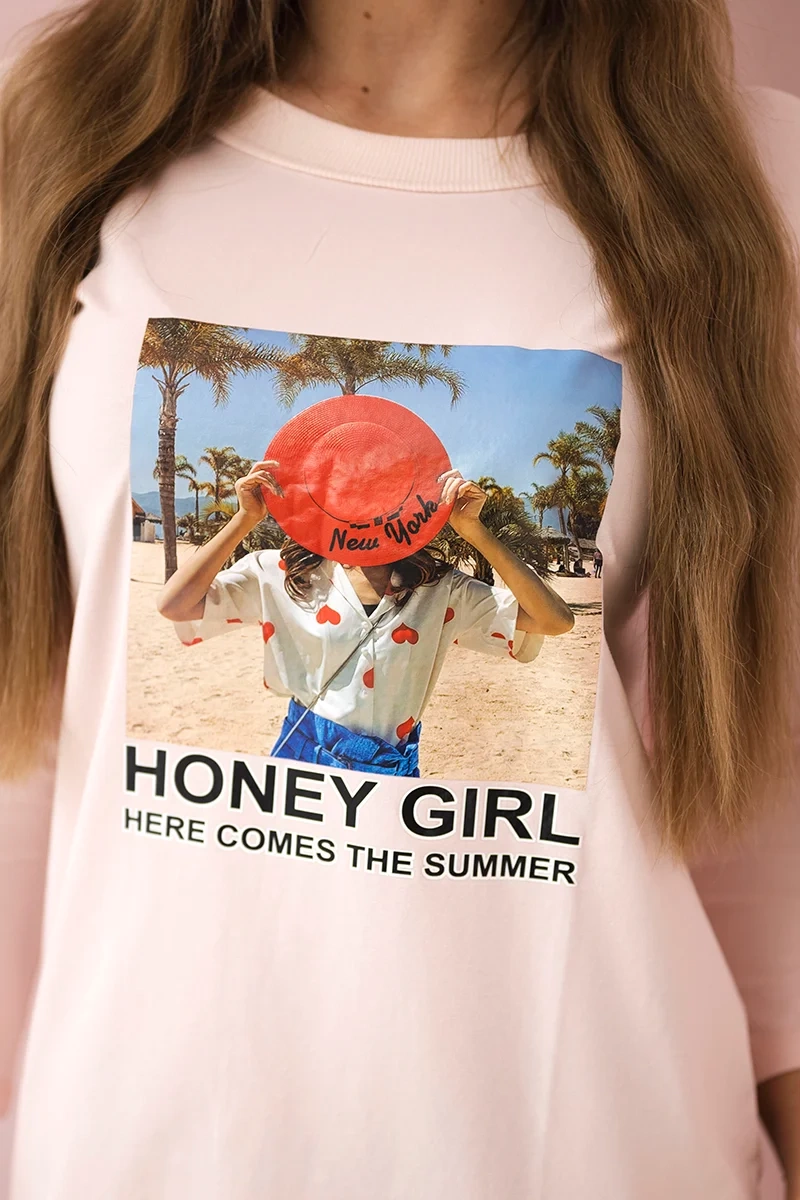 Honey girl print dress in powder pink