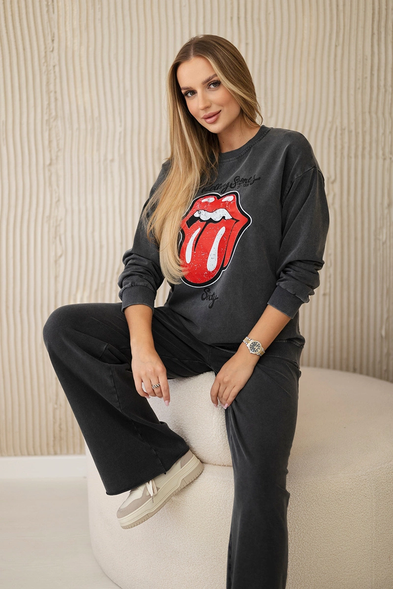 Włoski Cotton set wiped with print sweatshirt + pants Graphite