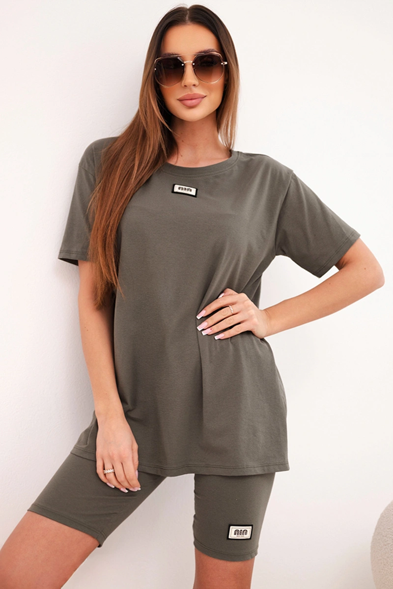 Kesi Włoski Women's cotton set with short sleeves and shorts khaki