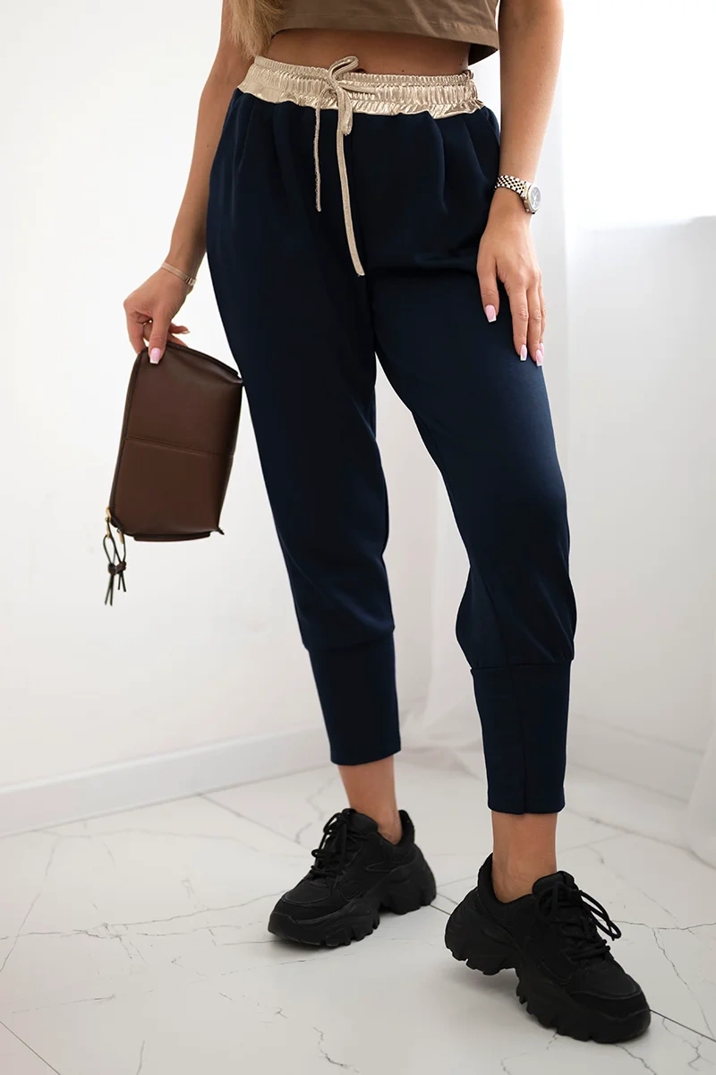 Kesi Włoski Butter-soft pants with a golden waistband cuff navy blue