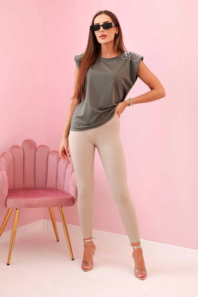 Kesi Włoski Women&#039;s sleeveless viscose blouse with decorative pearls on the shoulders khaki