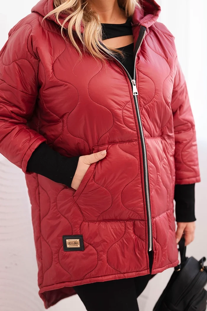 Kesi Włoski Plus Size women's winter quilted jacket with a hood burgundy