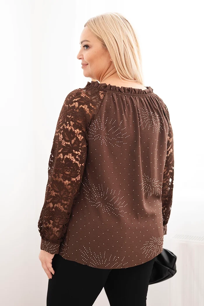 Kesi Włoski Plus Size women's blouse with lace sleeves and decorative neckline brown