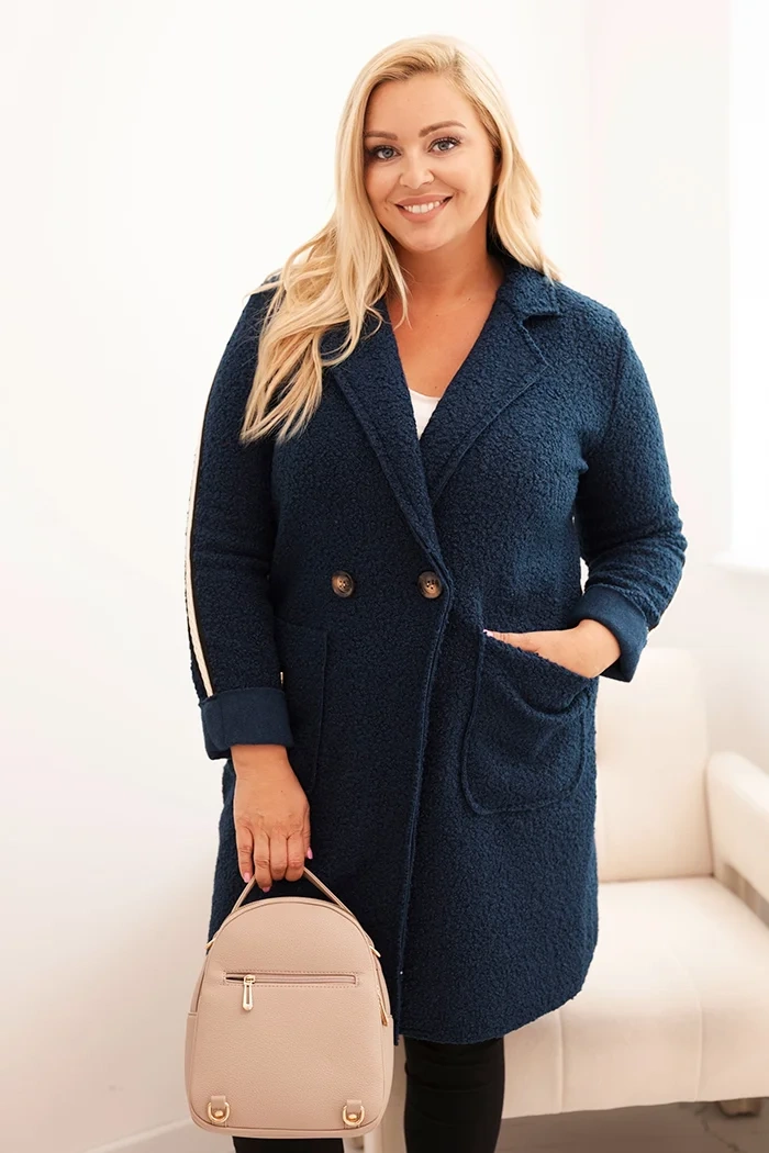 Kesi Włoski Plus Size women&#039;s coat made of faux shearling with pockets dark denim