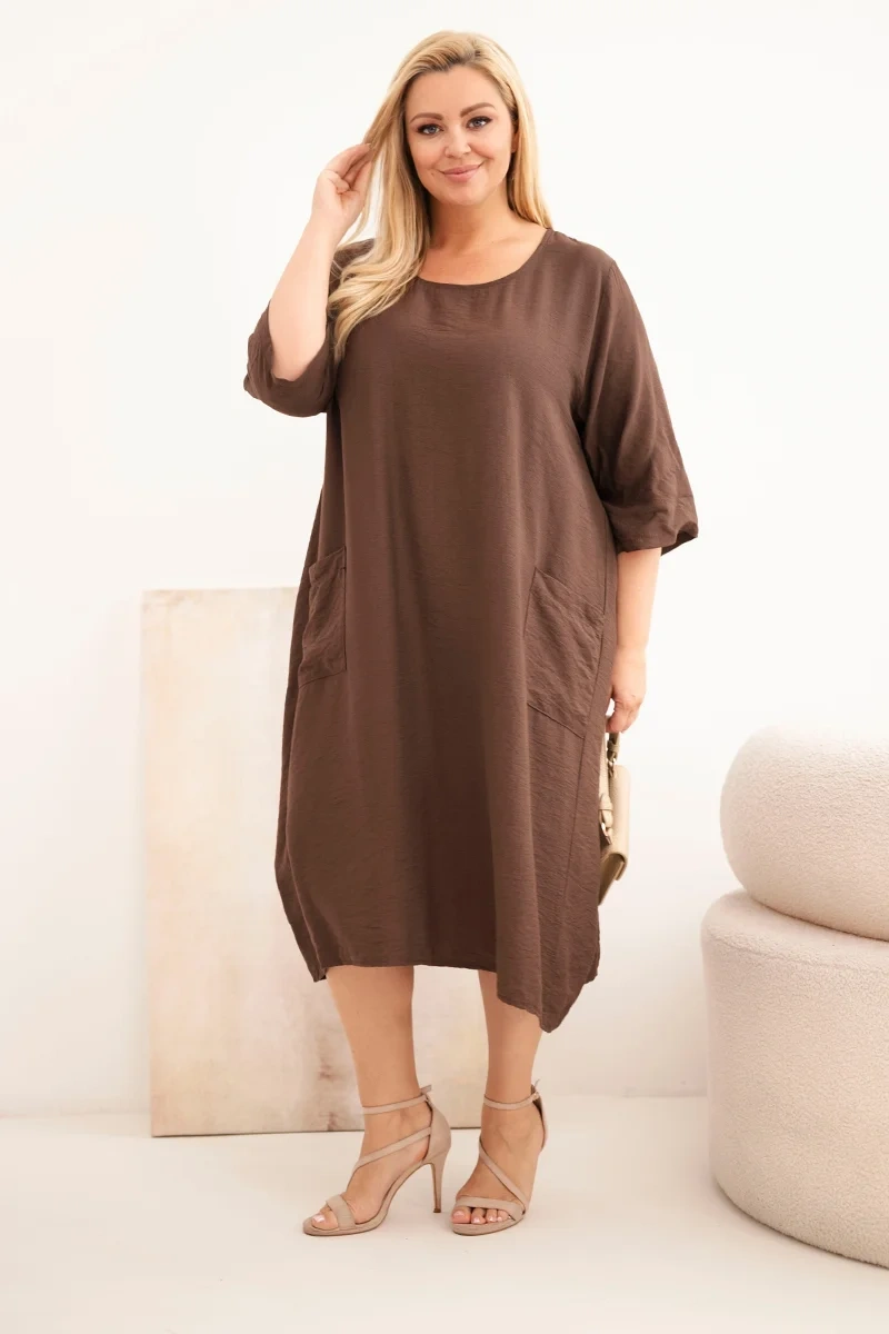 Plus Size šaty s vreckami, hnedé