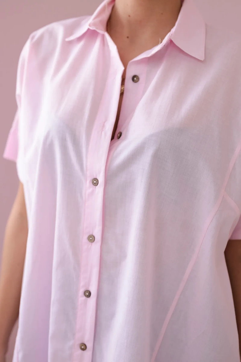 Cotton shirt with short sleeves in powder pink color