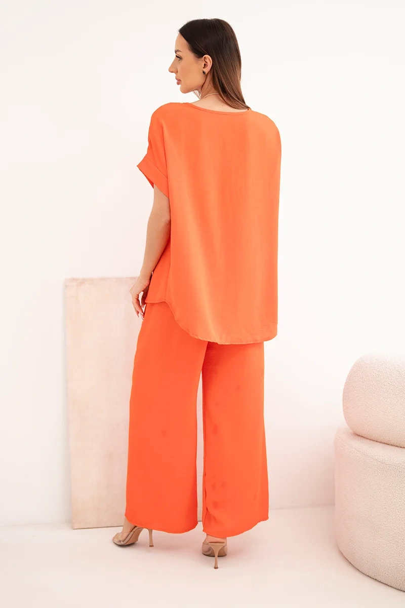 Women's summer set with necklace, blouse + trousers - orange