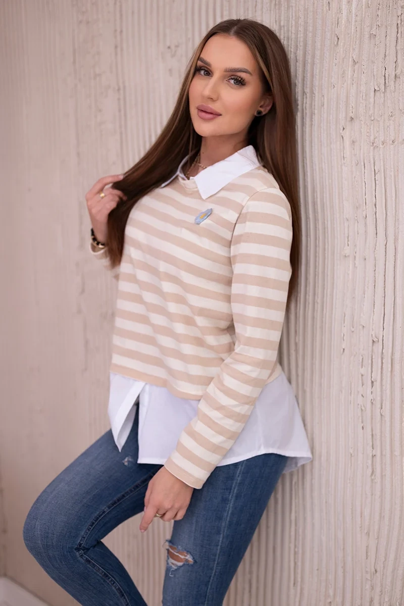 Striped cotton blouse with collar light beige+dark beige