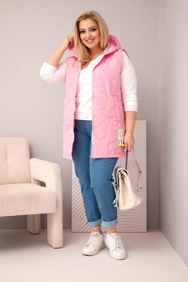 Dámska plus size vesta s kapucňou a kvetinovým prešívaním