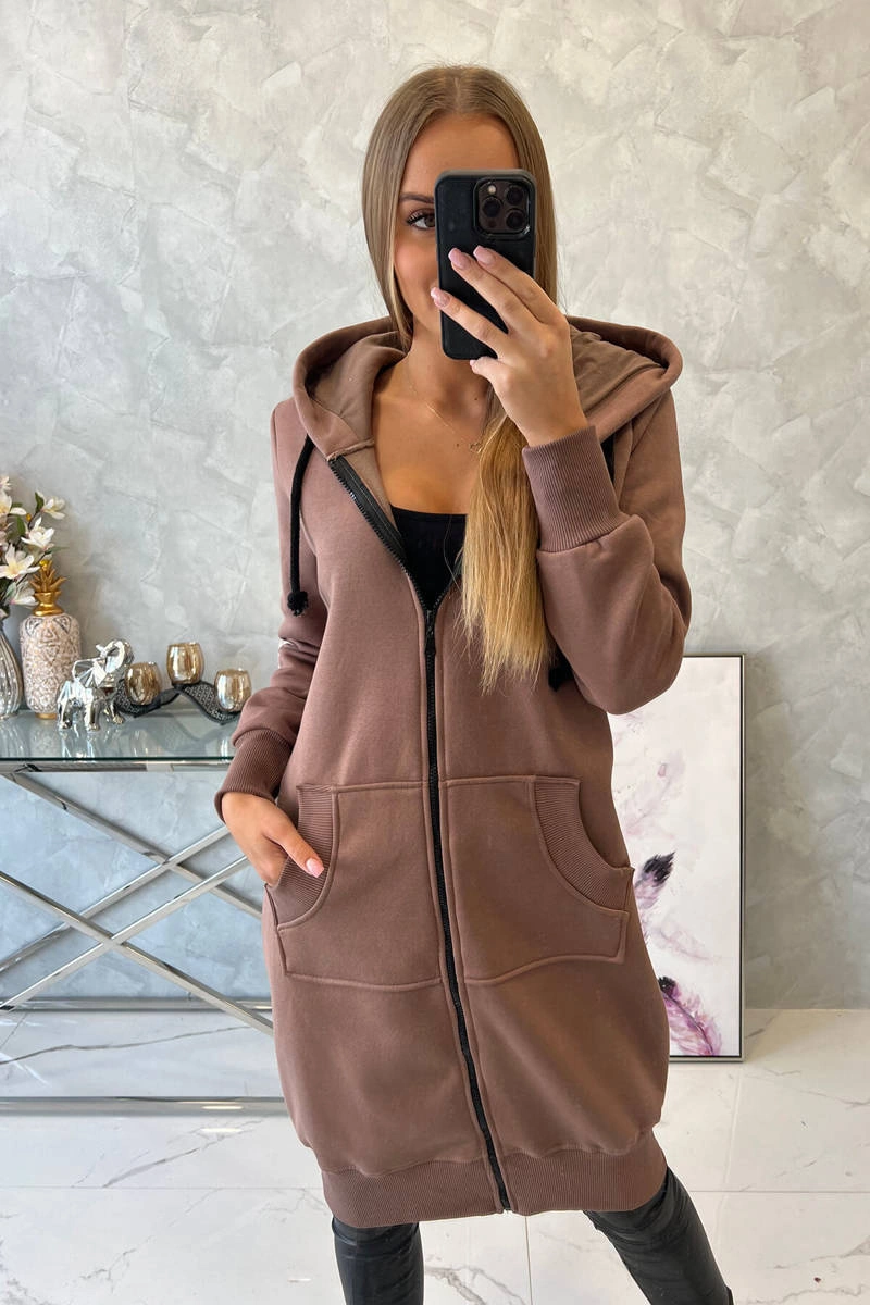 Long insulated sweatshirt with mocha hood