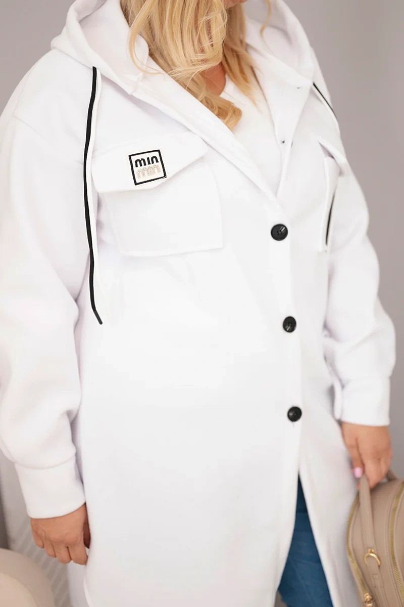 Dámsky plus size kabát s kapucňou, biely