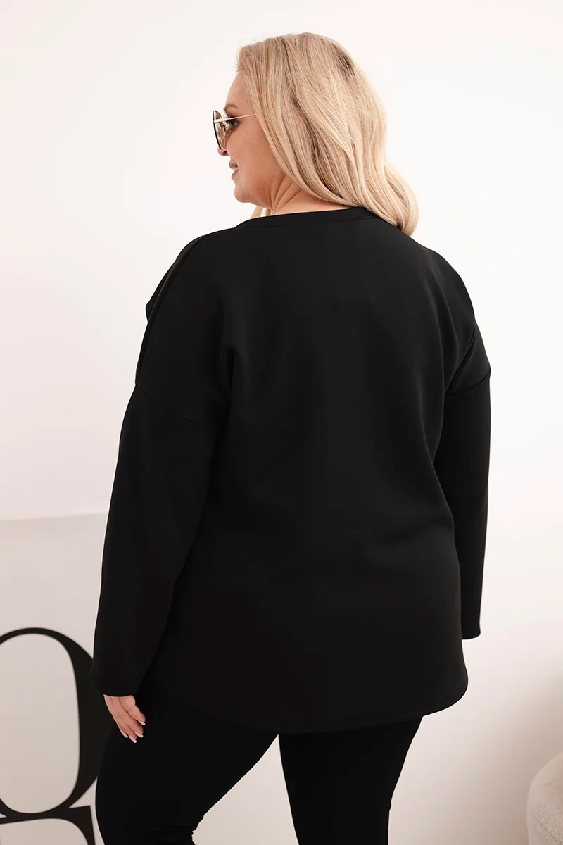 Dámska plus size mikina s potlačou a V-výstrihom čierna