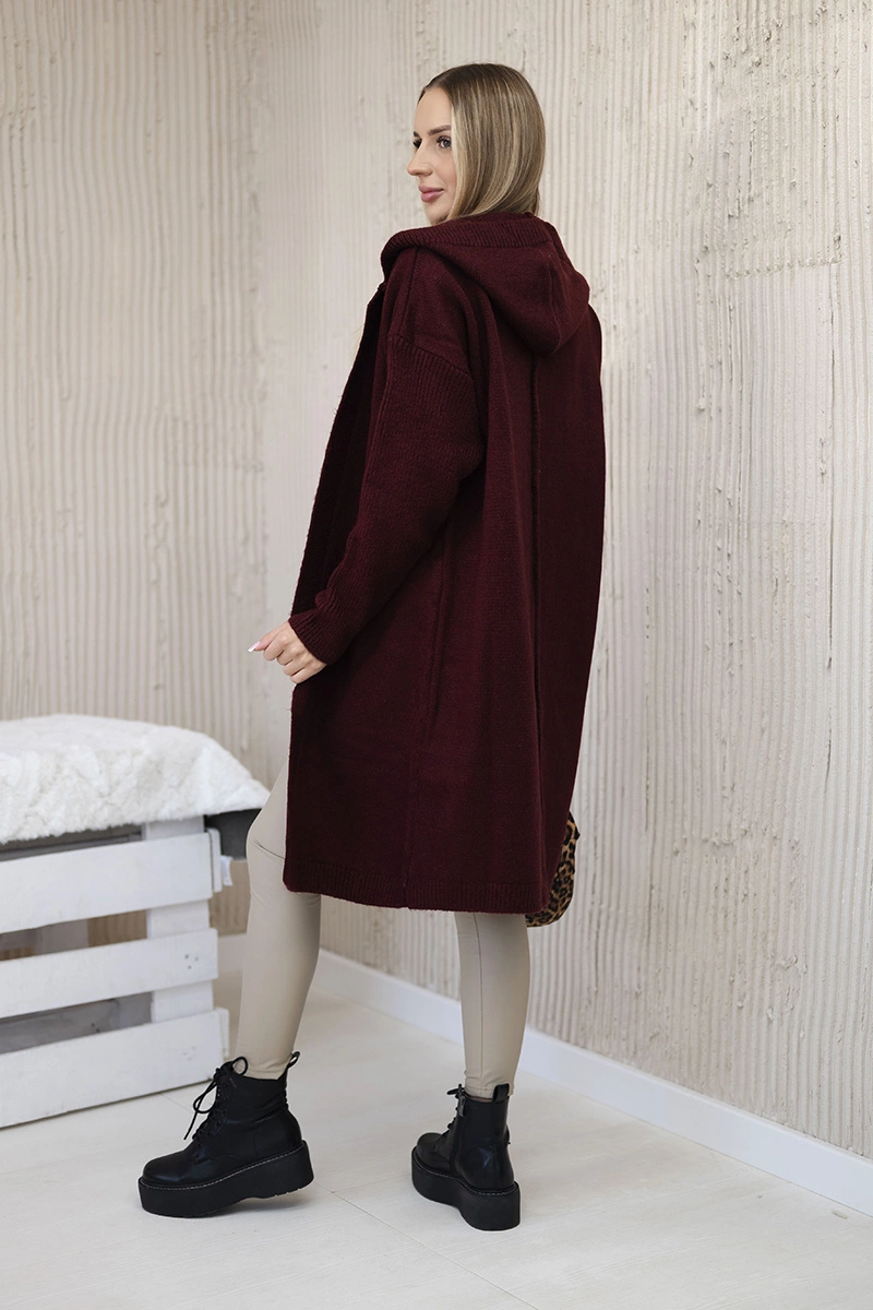Burgundy-colored hooded cardigan sweater