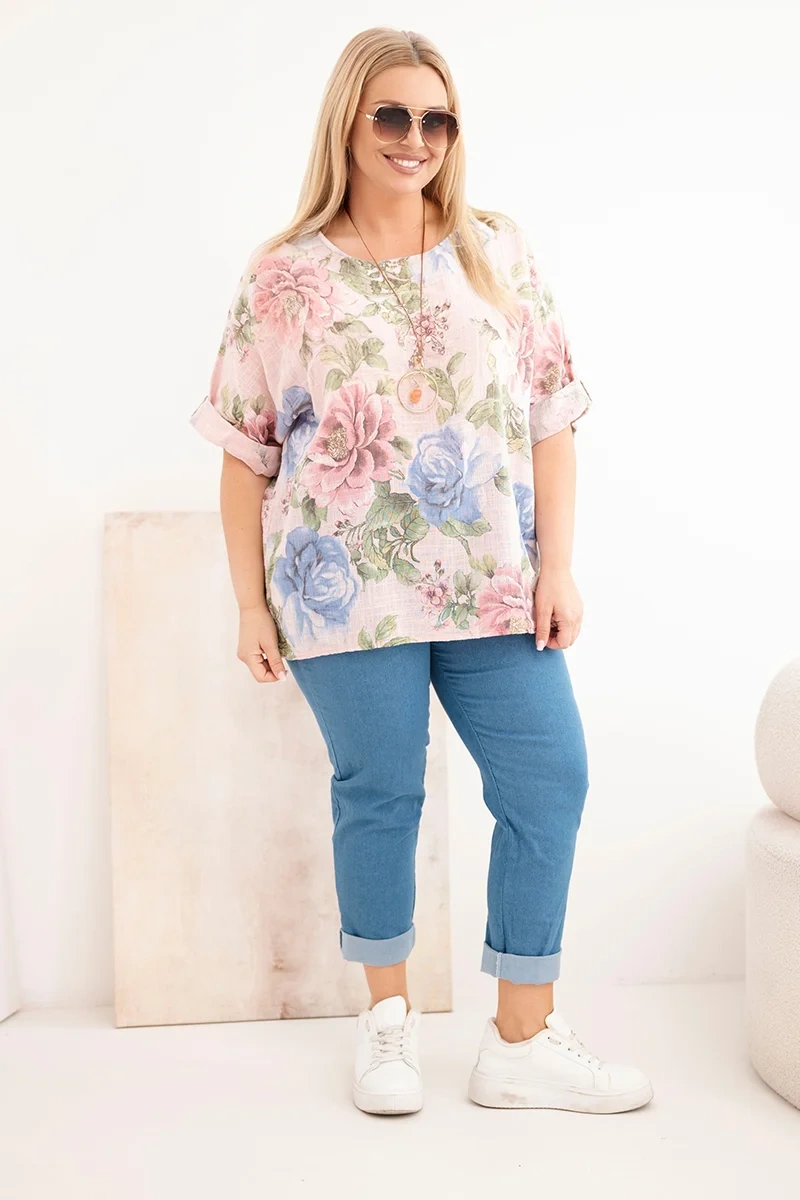 Kesi plus size blúzka s krátkym rukávom, kvetovaná
