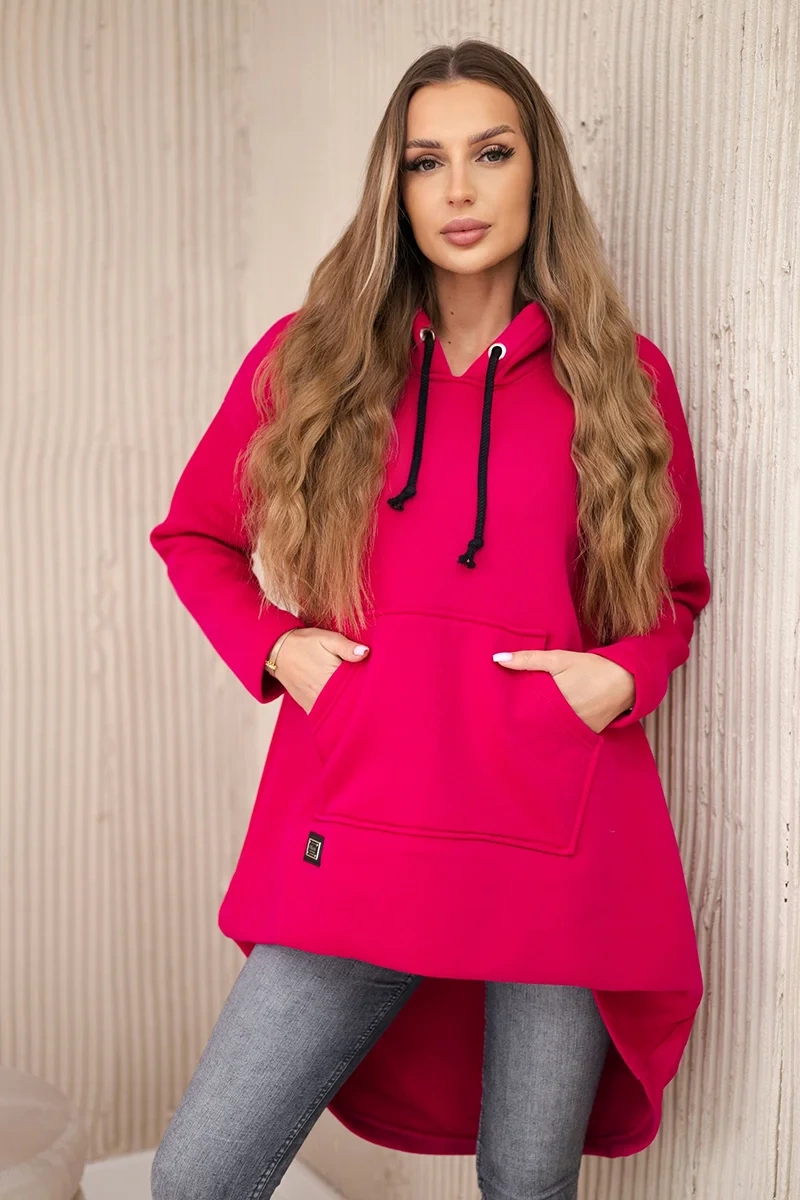 Padded sweatshirt with a long back and hood in fuchsia-coloured