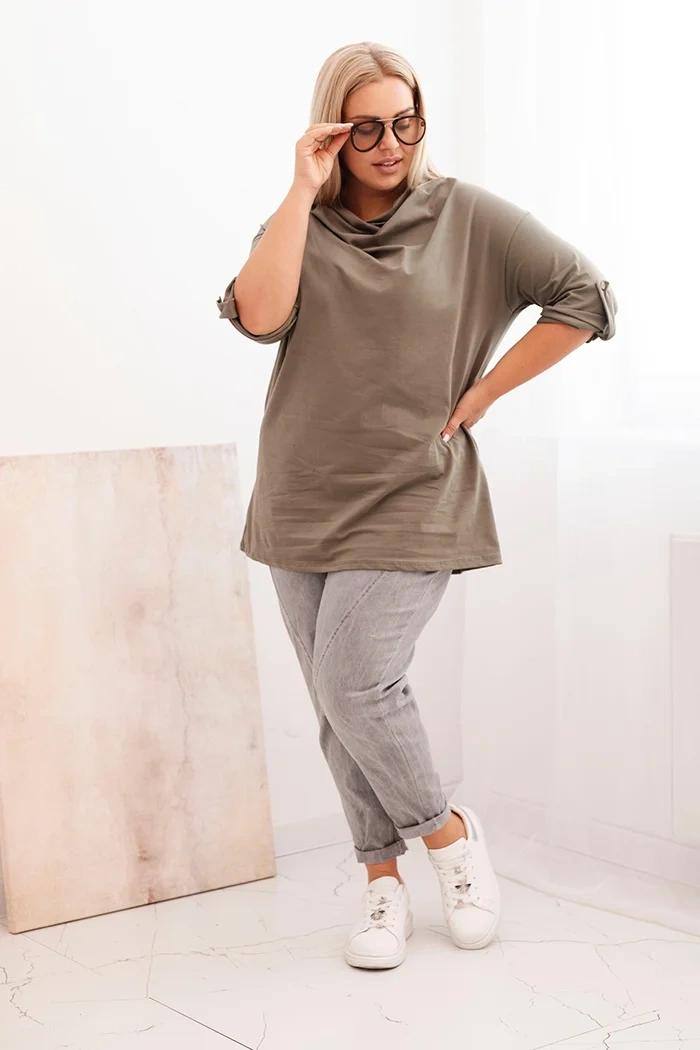 Kesi Włoski Dámska blúzka Plus Size z bavlnou s voľným strihom a vodným výstrihom khaki
