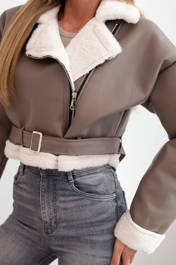 Kesi Włoski Women's pilot jacket made of eco-leather insulated with fur and belt fango