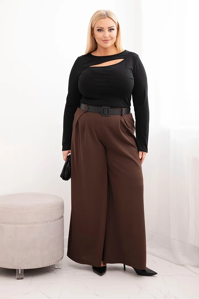 Plus size nohavice s opaskom, hnedé