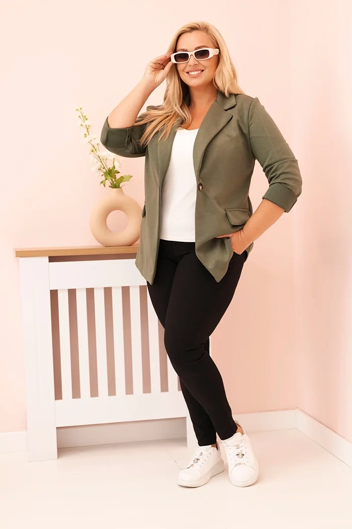Kesi Włoski Plus Size women&#039;s viscose blazer with long sleeves and collar khaki