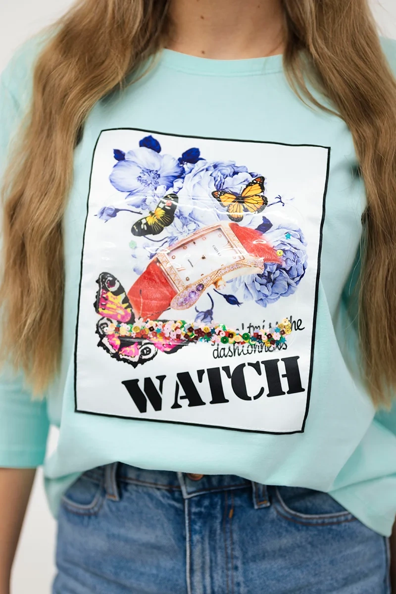 Blouse with 3D Watch mint graphics