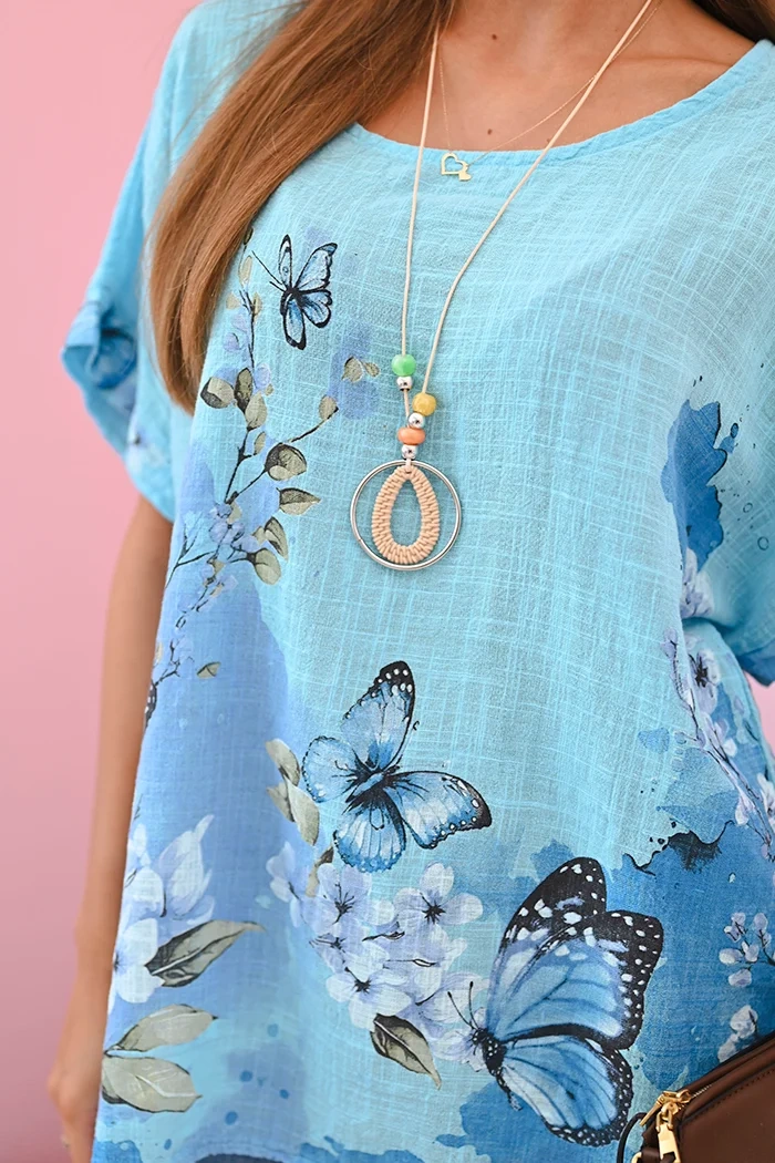 Kesi Włoski Women's cotton shirt with butterflies and flowers turquoise