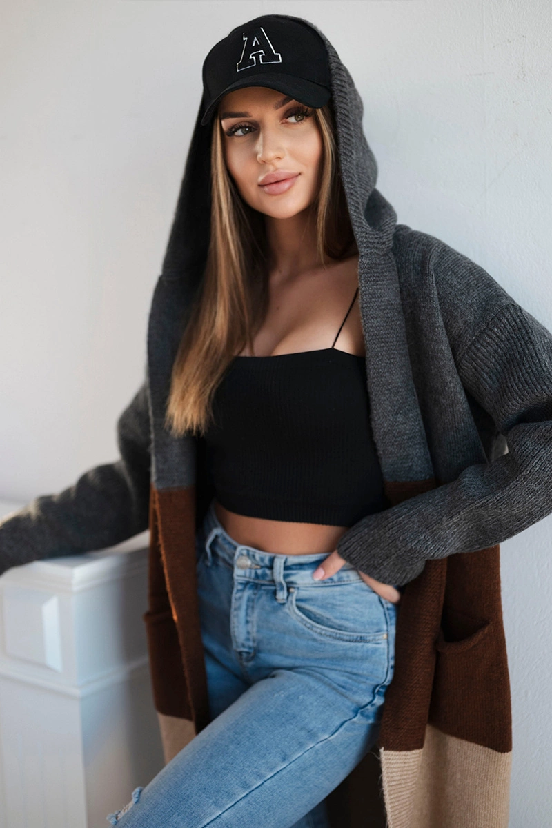 Striped hooded sweater graphite+brown+camel