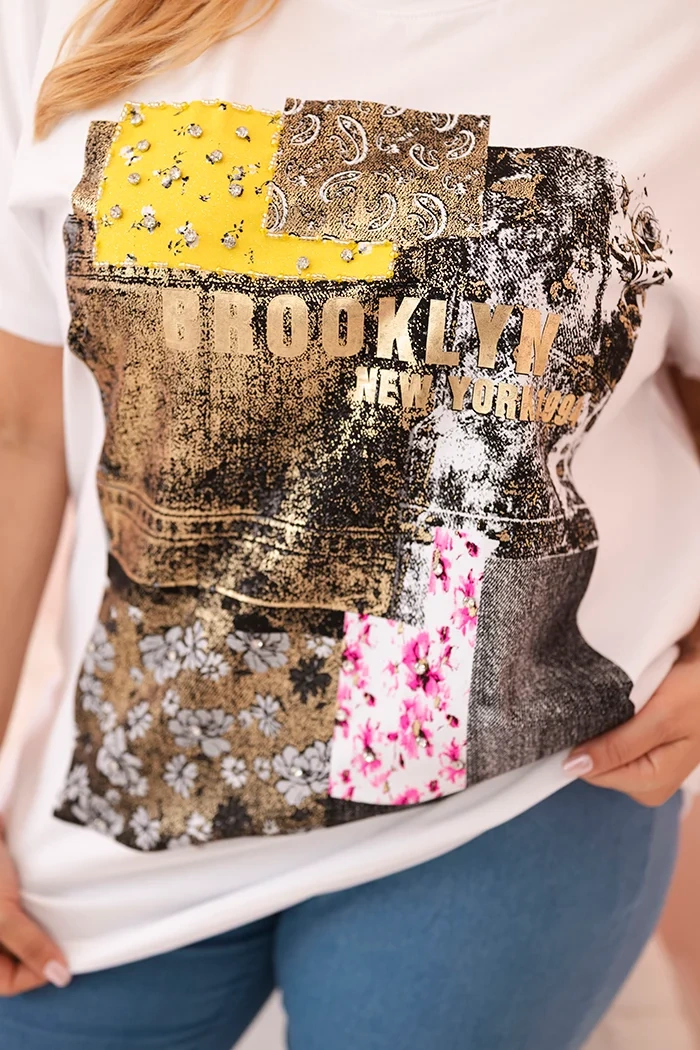 Kesi Włoski Women's cotton Plus Size blouse with colorful print white + yellow