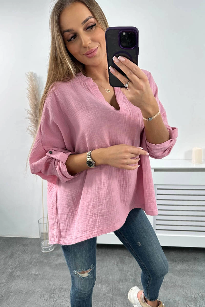 Cotton blouse with rolled up sleeves in light pink color