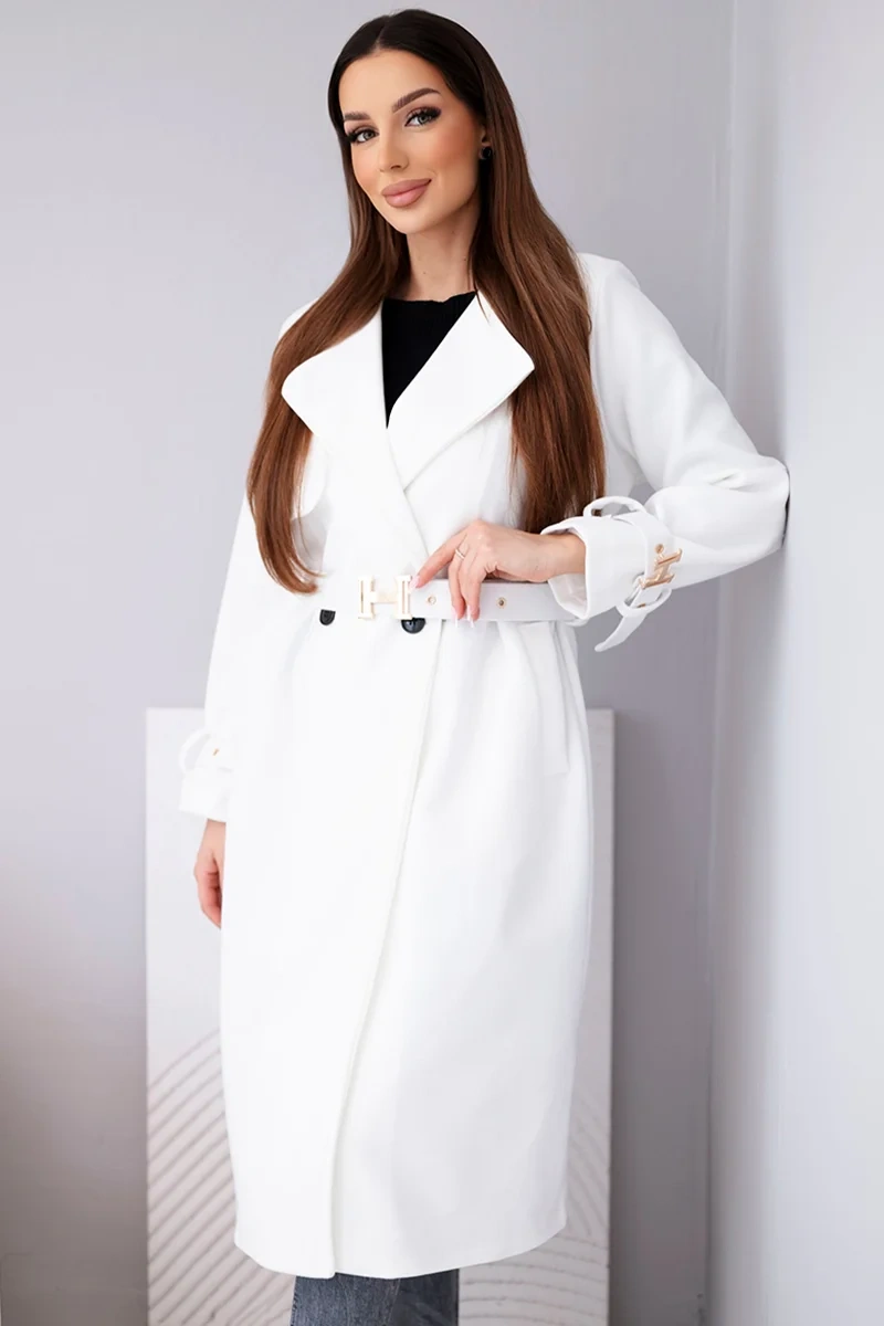 Дамско екрю палто Kesi с колан и златни катарами