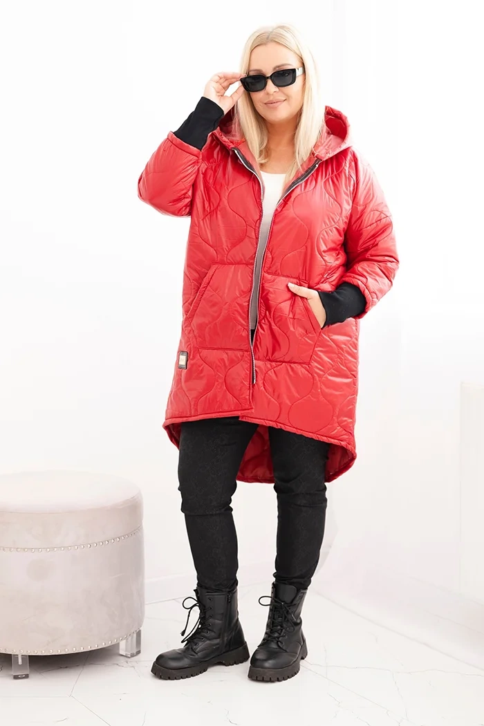 Kesi Włoski Women's Plus Size quilted jacket with a hood red