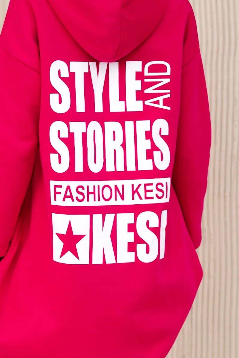 Padded sweatshirt with a long back and hood in fuchsia-coloured