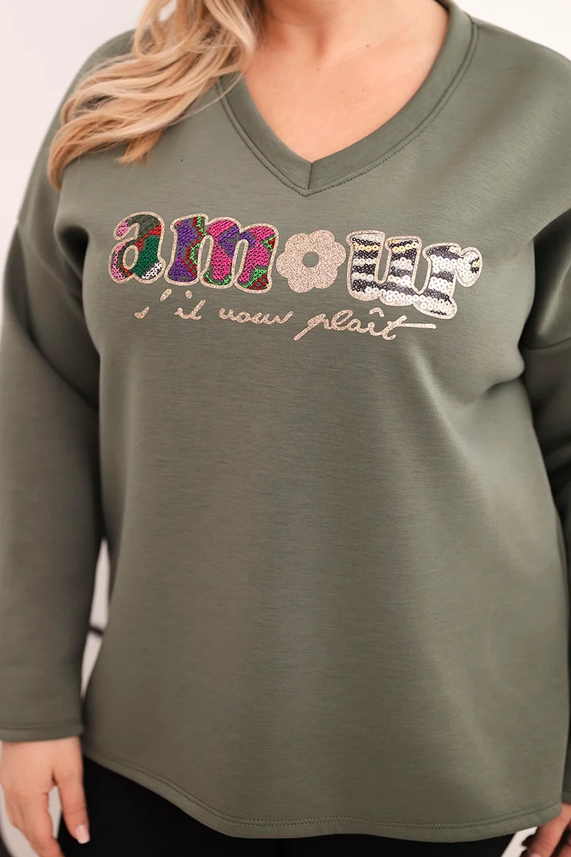 Дамски суитшърт с V-образно деколте Kesi, цвят каки