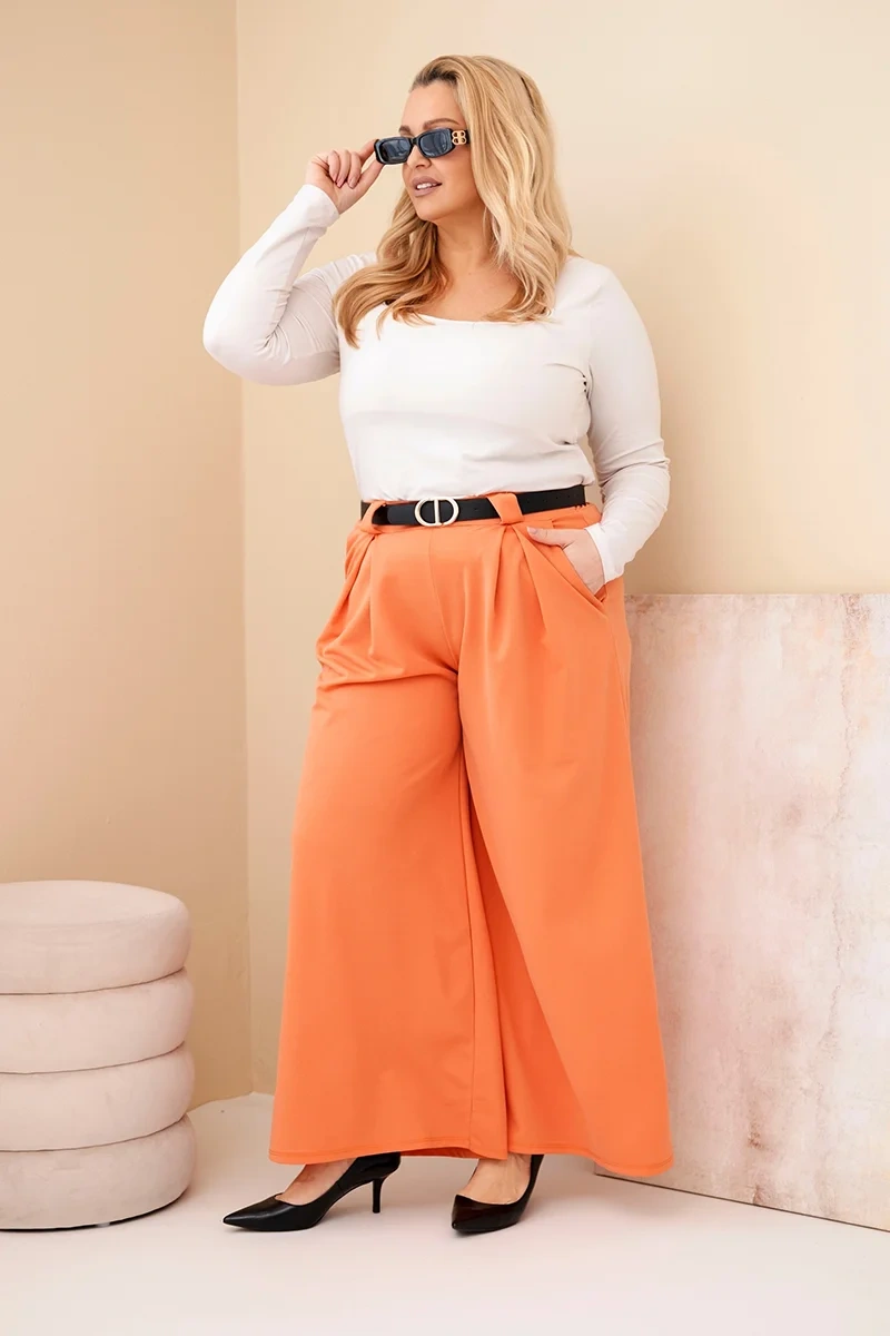 Kesi Włoski Dámske nohavice Plus Size viskózové so širokým strihom a opaskom marhuľové