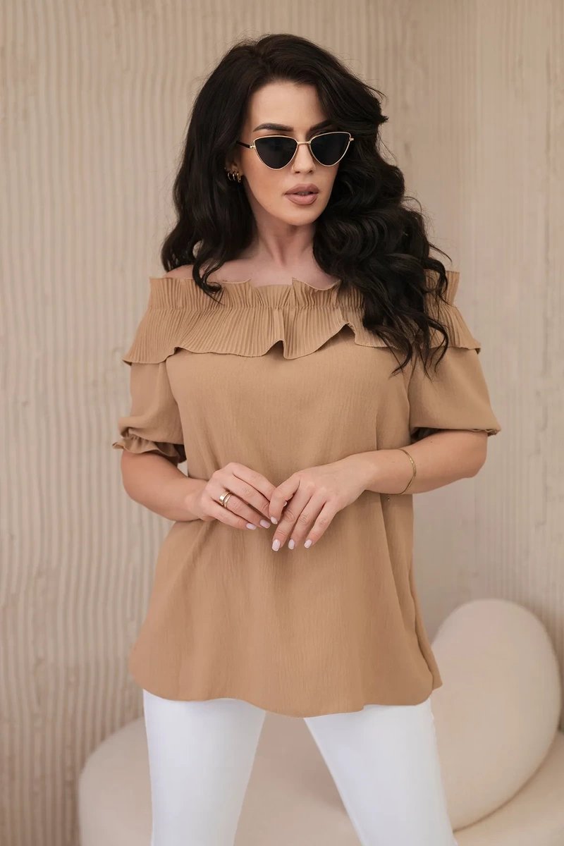 Spanish Blouse With Decorative Ruffle Camel